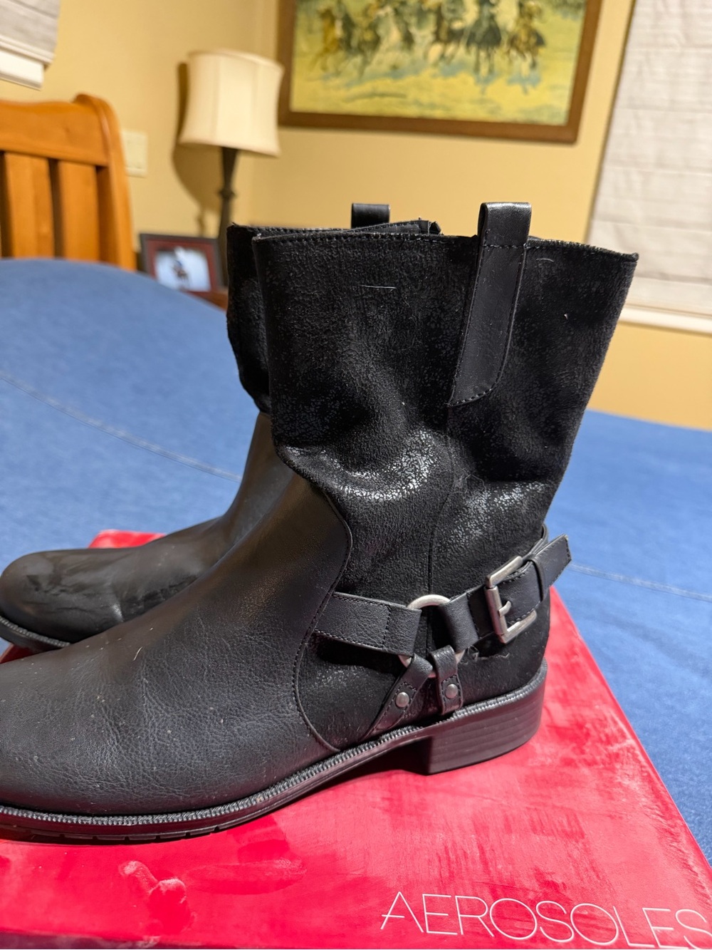 AEROSOLES Black Leather & Fabric Ankle Booties